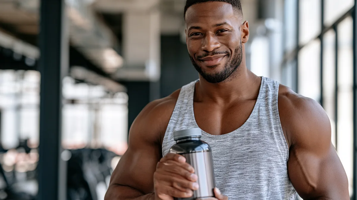 Homme musclé en salle de sport prenant de l'épicatéchine pour la musculation